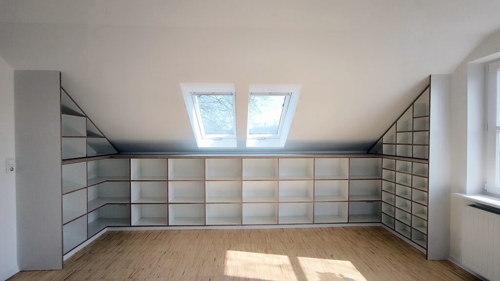 Hoftischlerei-Bücherregal-Multiplex-weiß-Linoleum